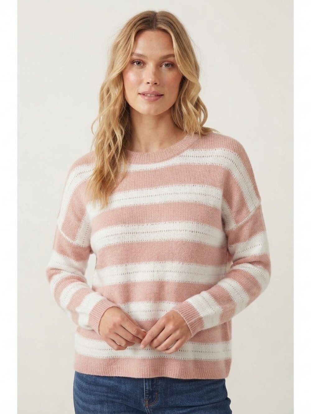 FRNCH Paris Novalie Striped Pointelle Crewneck Sweater Light Pink Size S/M NWT